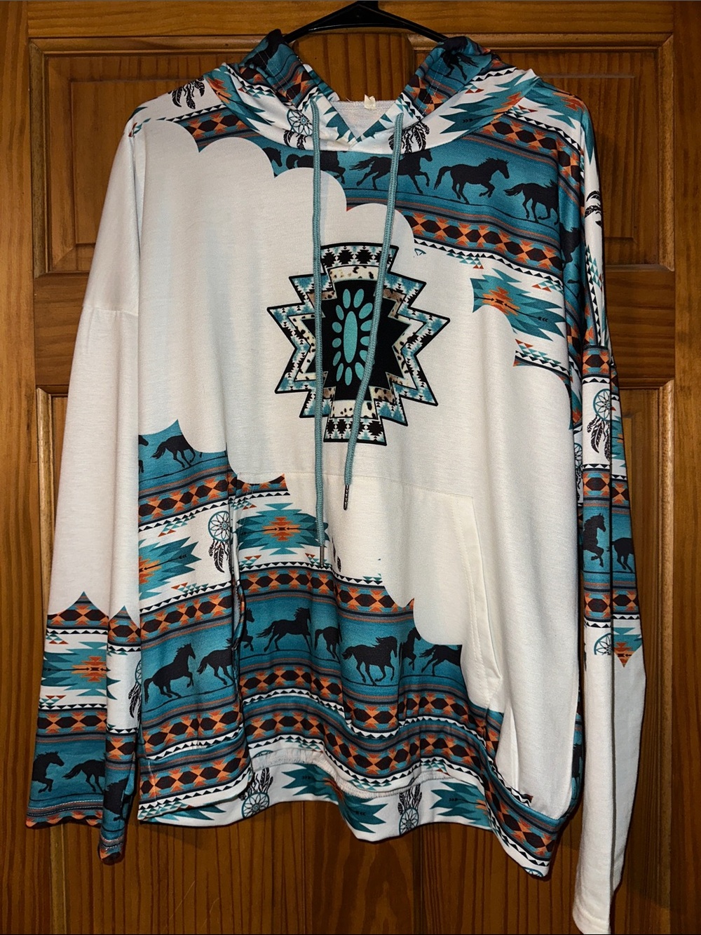 Southwestern Aztec Hooded Pullover in Teal & White NWOT XL